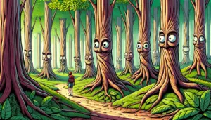 árboles con caras expresivas y raíces como piernas observan a un excursionista sorprendido en un bosque animado y ondulante