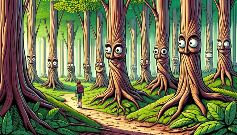 árboles con caras expresivas y raíces como piernas observan a un excursionista sorprendido en un bosque animado y ondulante
