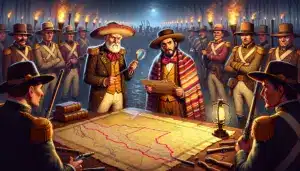 dos líderes de milicia de Ohio y Michigan discuten sobre un mapa antiguo con línea fronteriza errónea mientras soldados observan perplejos bajo luz de antorchas