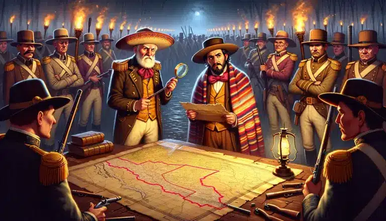 dos líderes de milicia de Ohio y Michigan discuten sobre un mapa antiguo con línea fronteriza errónea mientras soldados observan perplejos bajo luz de antorchas