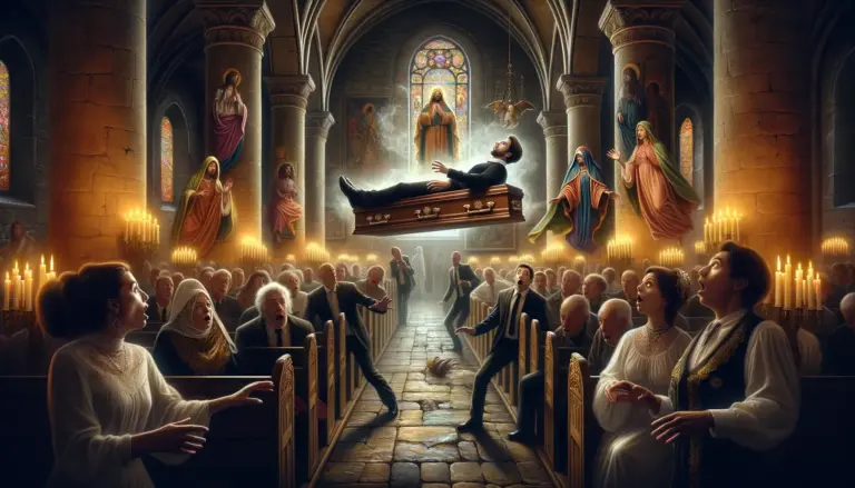 un hombre sorprendido se sienta en su propio ataúd mientras un santo milagroso levita accidentalmente en una iglesia antigua llena de dolientes asombrados
