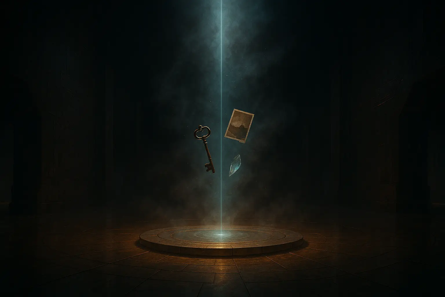 Club Curioso — Probamos lo improbable 1 En sala oscura de archivo secreto, un haz vertical ilumina una llave antigua, una foto y un cristal en suspensión