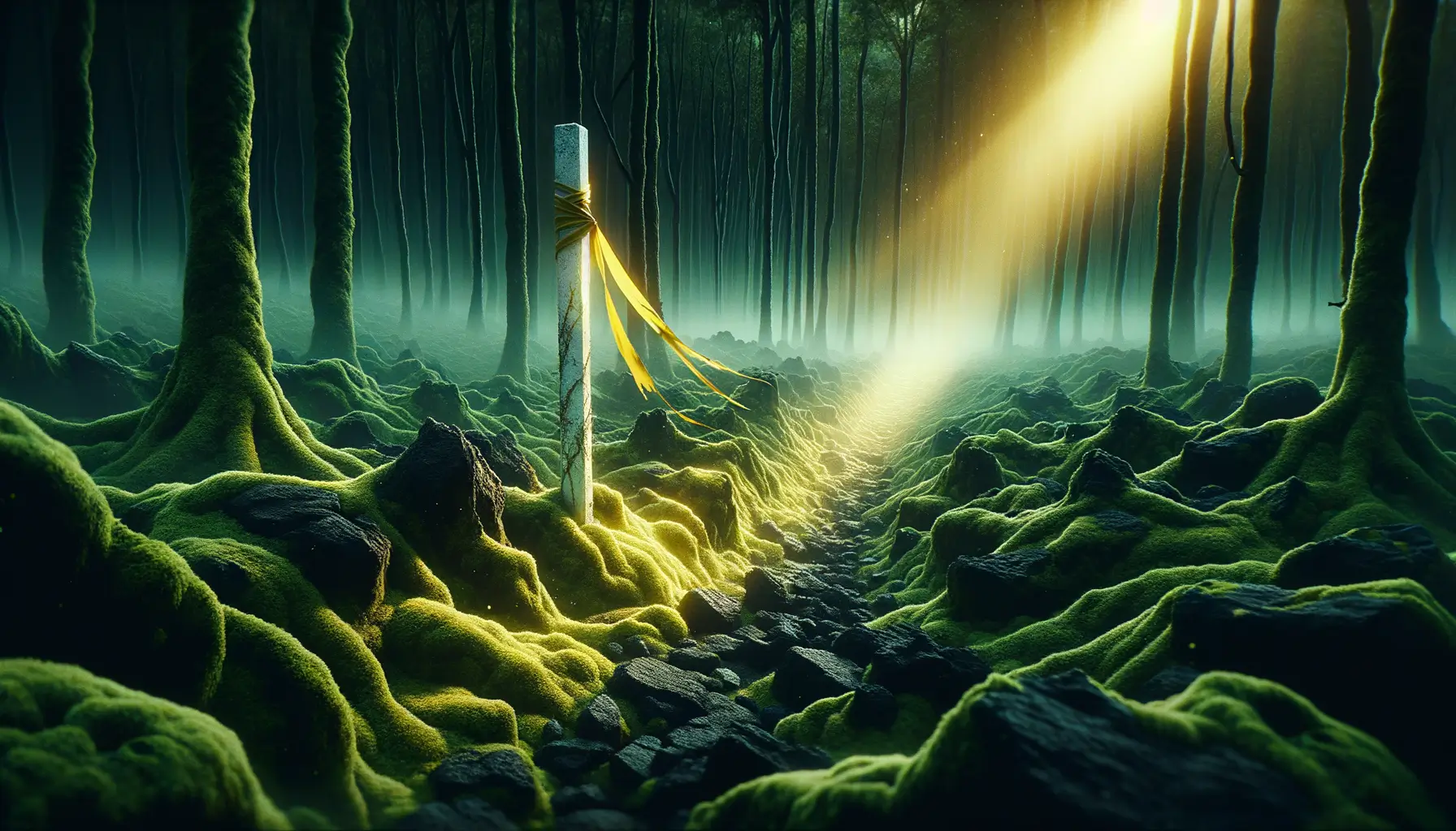 Aokigahara: la llamada de auxilio en el bosque del Fuji 1 Poste blanco con cinta amarilla entre musgo y lava, bajo un haz de amanecer en aokigahara bosque; sendero rocoso en sombra