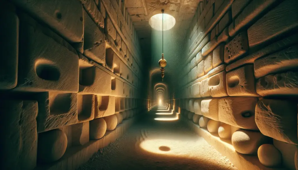 Corredor de piedra caliza con luz cenital y plomada suspendida; polvo y nichos alineados en las catacumbas paris