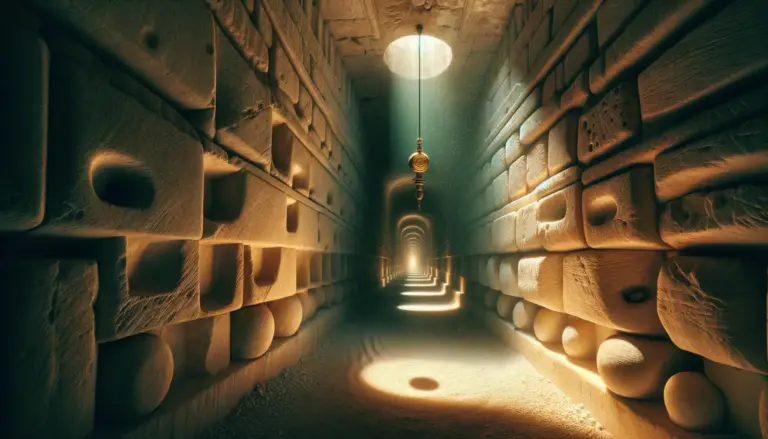 Corredor de piedra caliza con luz cenital y plomada suspendida; polvo y nichos alineados en las catacumbas paris