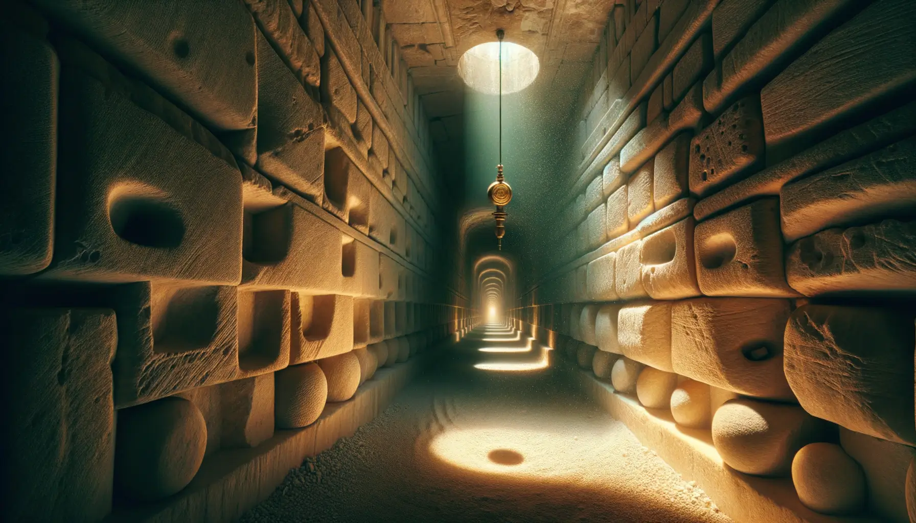 Corredor de piedra caliza con luz cenital y plomada suspendida; polvo y nichos alineados en las catacumbas paris