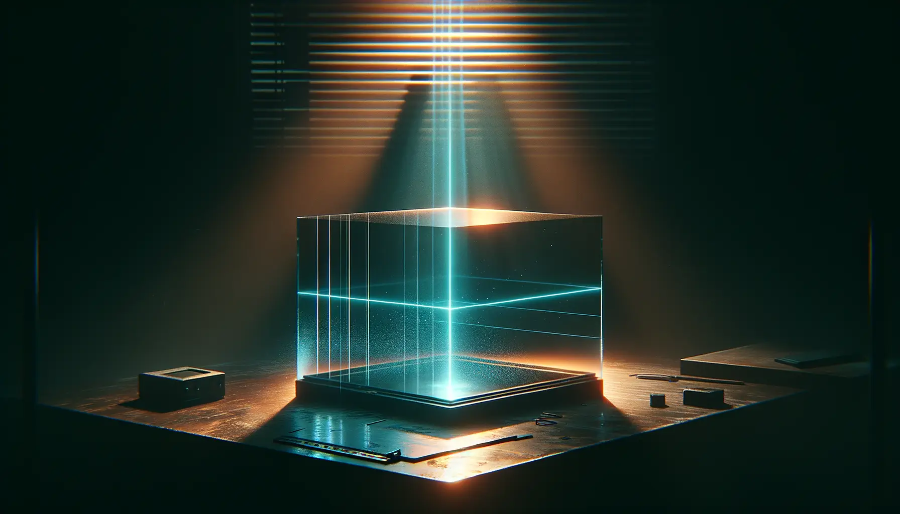 Conspiraciones documentadas: las pruebas de la historia oculta 1 Cubo acrílico iluminado por haz ámbar y líneas cian sobre mesa de acero en un archivo de conspiraciones documentadas