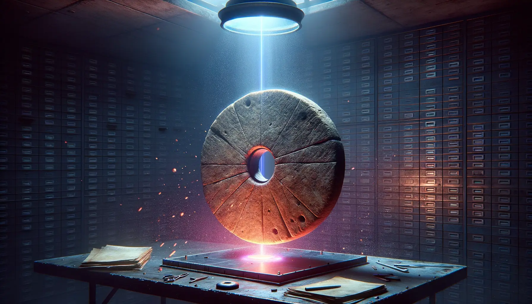 Demonología: el mapa cultural de la psique humana 1 Demonología en un archivo frío: disco de piedra suspendido, haz cian atraviesa el orificio, herramientas borrosas sobre mesa