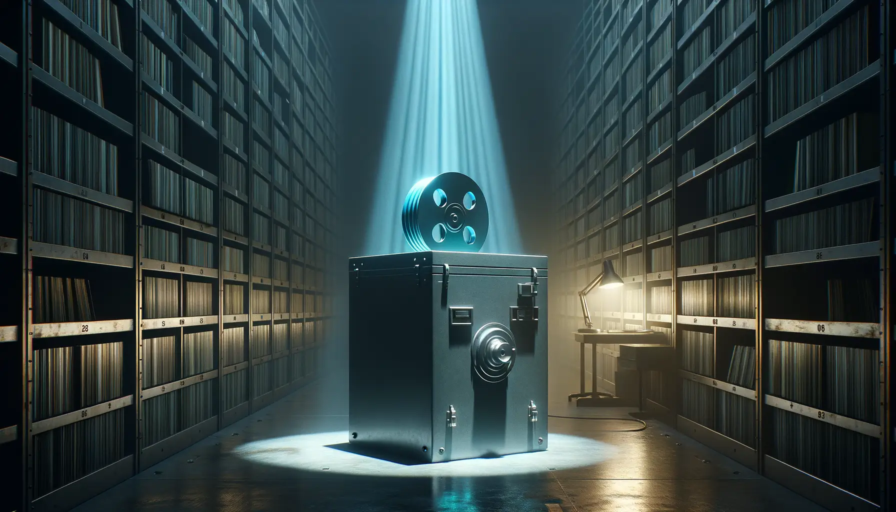 Desclasificación OVNI y UAP: la guía completa de informes, legislación y evidencia verificable 1 Archivo alto con estanterías, caja fuerte y carrete iluminados por un haz azul; escena de desclasificación ovni