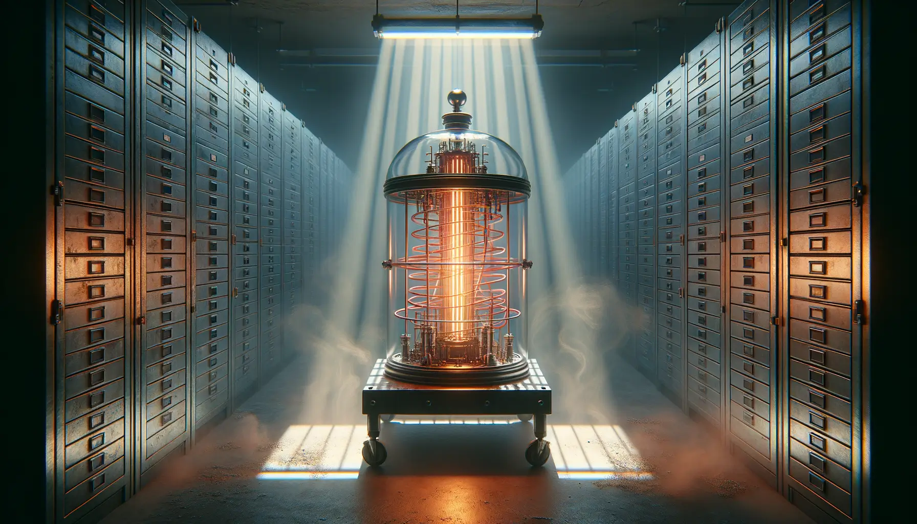 Inventos confiscados: la ciencia prohibida por ser disruptiva 1 Inventos confiscados en archivo: campana de vidrio con aparato encendido; luz azul proyecta sombras entre gabinetes