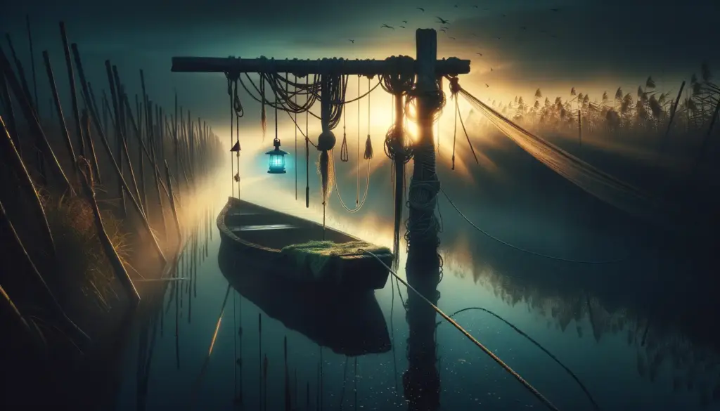 Canal con bruma, barca con farol azul y travesaño con cuerdas frente al amanecer en la isla munecas xochimilco