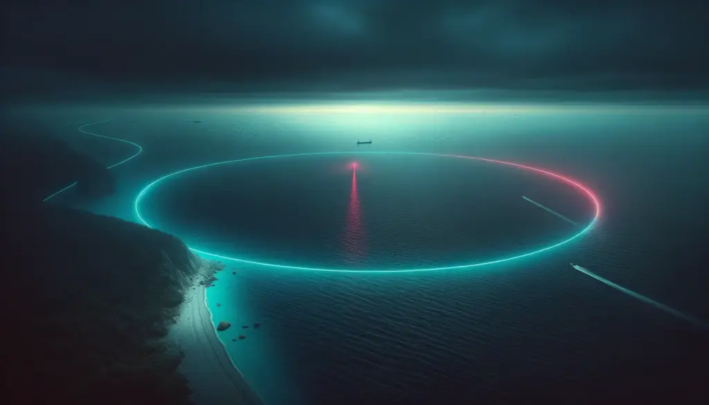 Anillo de luz sobre el mar al atardecer, boya roja y costa sin contacto; perímetro de islas prohibidas acceso