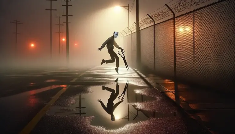 Máscara blanca frente a valla escolar bajo farola y niebla; reflejo partido en un charco, asociada a la kuchisake onna