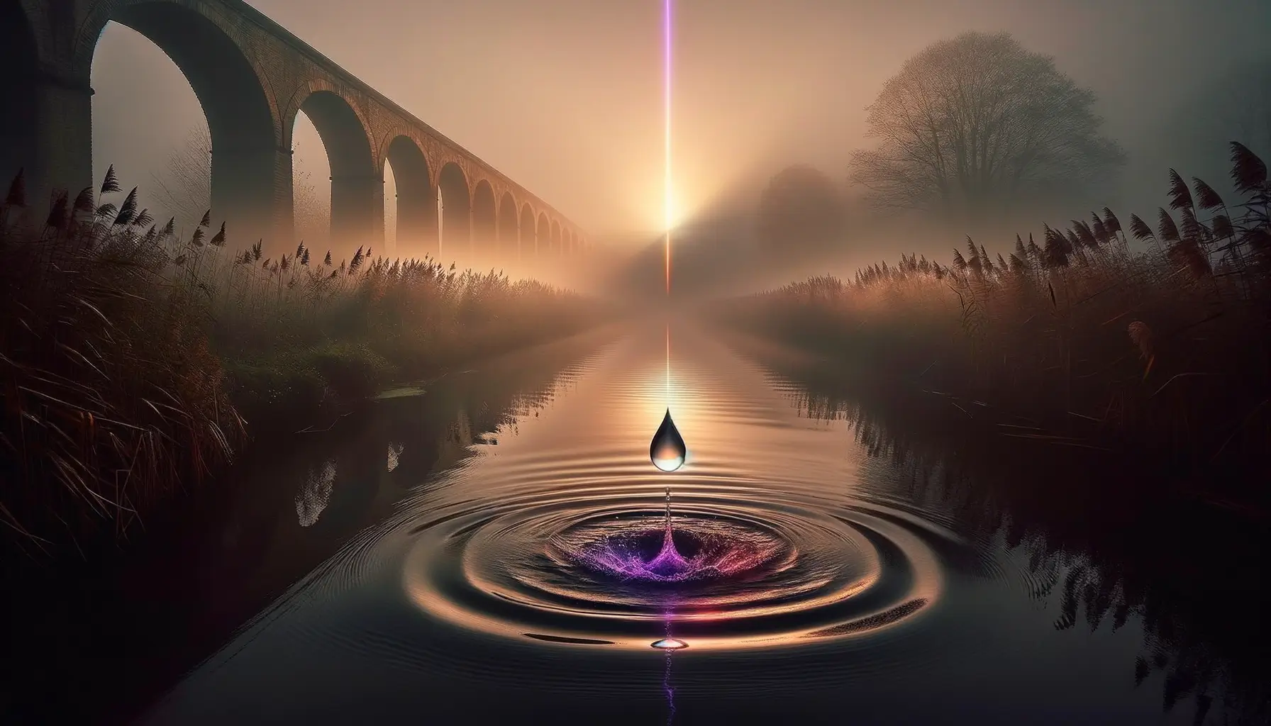 La Llorona: el lamento de Cihuacóatl en el México colonial 1 Canal con niebla al amanecer, acueducto y gota suspendida sobre el agua con ondas, motivo de la llorona