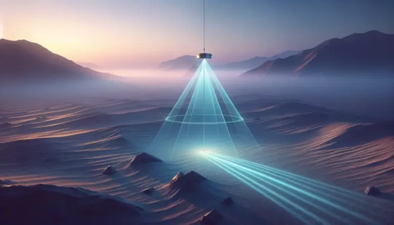 Escáner proyecta cono de luz azul sobre dunas y rocas al amanecer; prisma suspendido registra el terreno de las lineas nazca