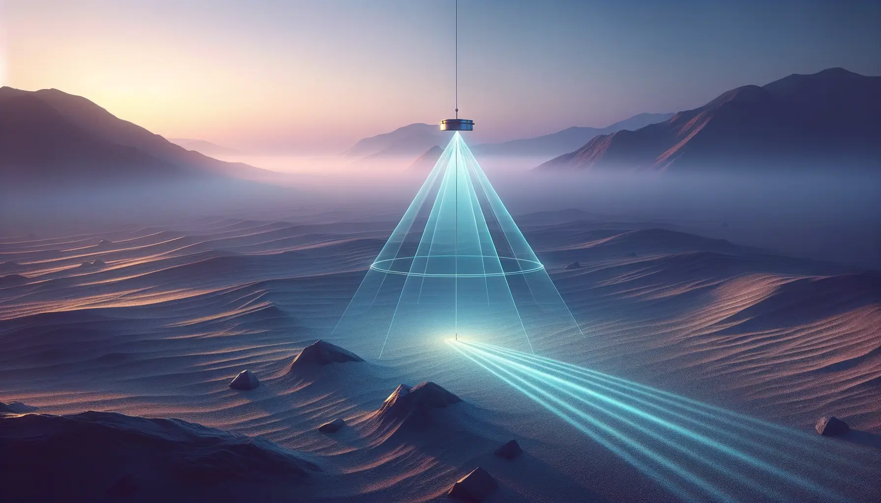 Escáner proyecta cono de luz azul sobre dunas y rocas al amanecer; prisma suspendido registra el terreno de las lineas nazca