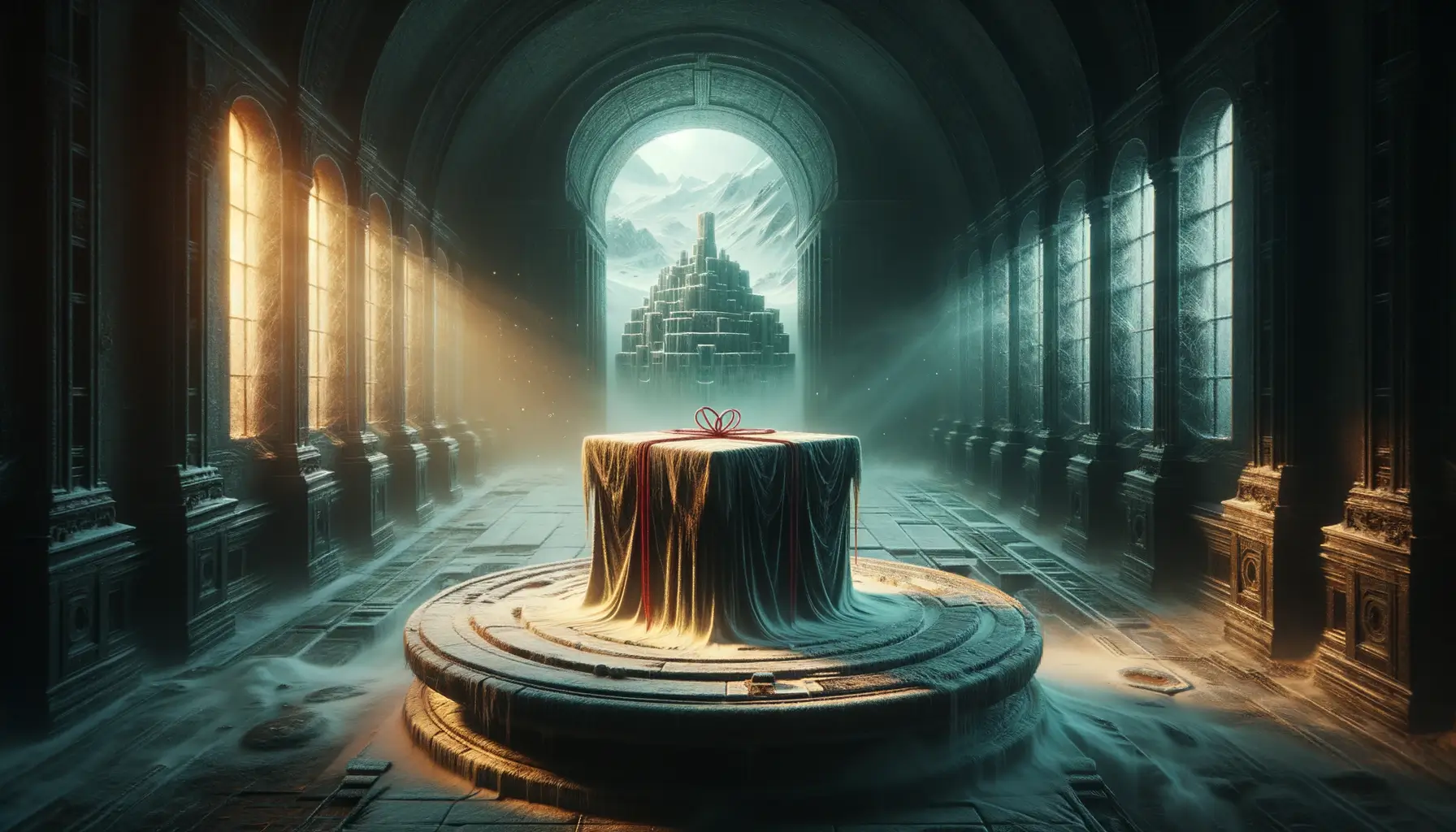 Sala abovedada con mesa de piedra; bulto envuelto flotando con cordón rojo; al fondo palacio nevado, lugares misteriosos asia
