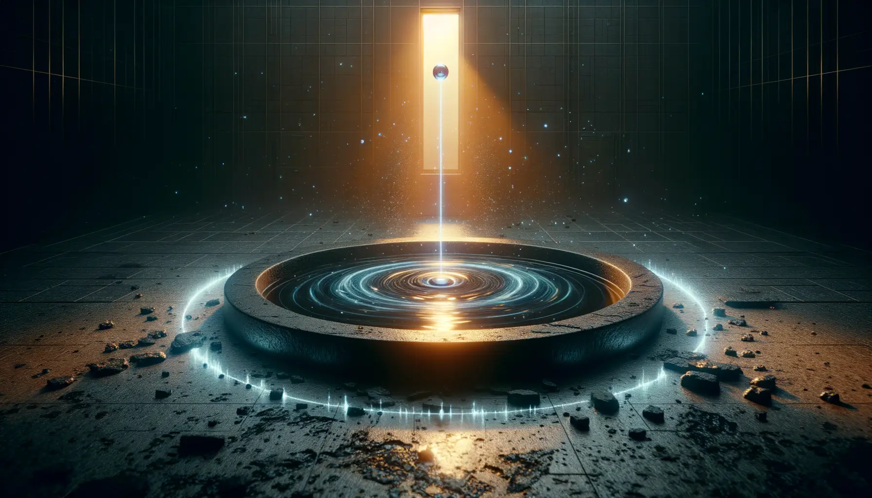 Valle de Santiago: la ciencia desvela sus luces en México 1 Sala oscura con anillo de piedra y lámina de agua bajo un haz de luz vertical, parte de lugares misteriosos méxico