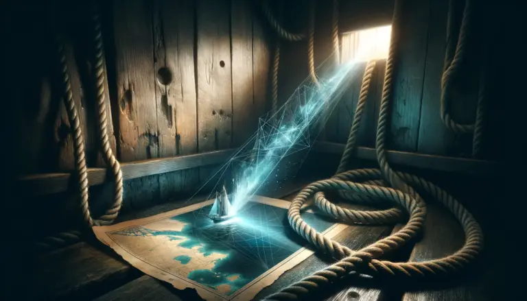 Cabina de madera húmeda con cabo grueso sobre carta náutica iluminada por un haz ámbar y bruma cian, temática mary celeste