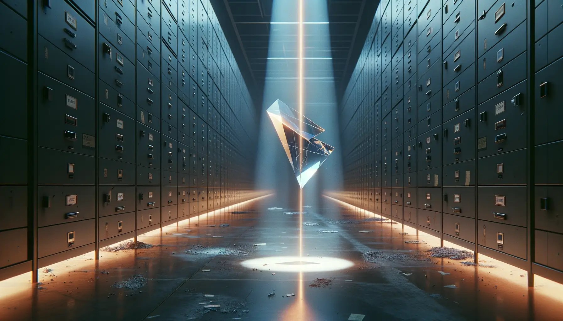 Misterios sin resolver: la guía documental de crímenes y archivos desclasificados 1 Misterios sin resolver en un pasillo de archivo con cajoneras; haz de luz incide en fragmento acrílico suspendido