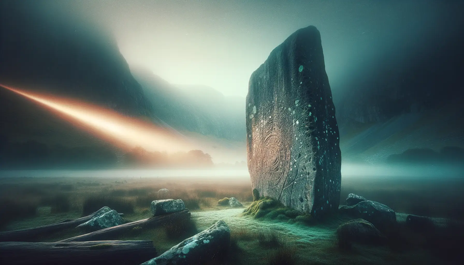 Mitología vasca: Amalur y Jentilak, la raíz pagana de un pueblo 1 Monolito de caliza con grabados y musgo en un valle brumoso al amanecer, asociado a la mitología española