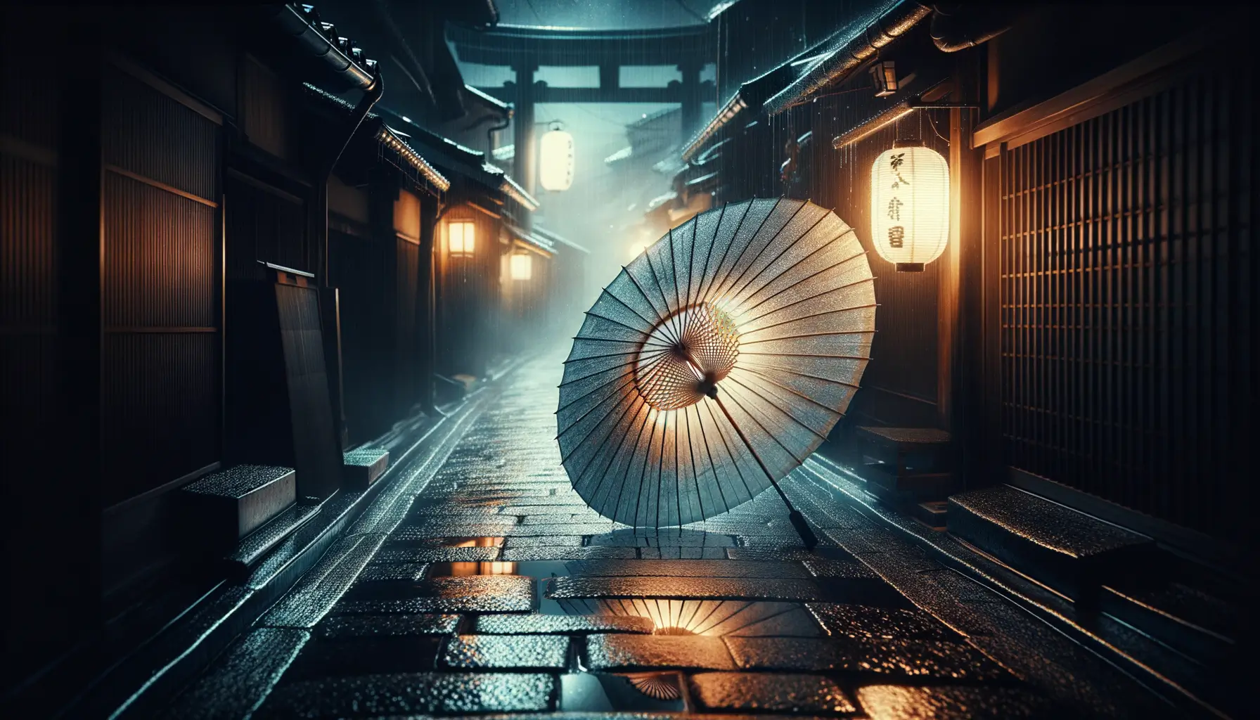 Mitología japonesa: Yōkai, el rastro de los espíritus en el Japón actual 1 Paraguas de papel iluminado por farol en callejón mojado de Kioto durante lluvia nocturna, vinculado a la mitología japonesa