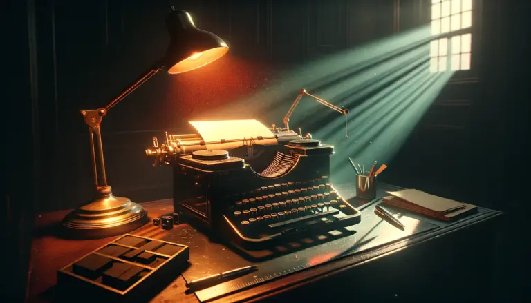 Máquina de escribir y lámpara de latón en escritorio oscuro; hoja en blanco iluminada, polvo en el aire, operacion northwoods
