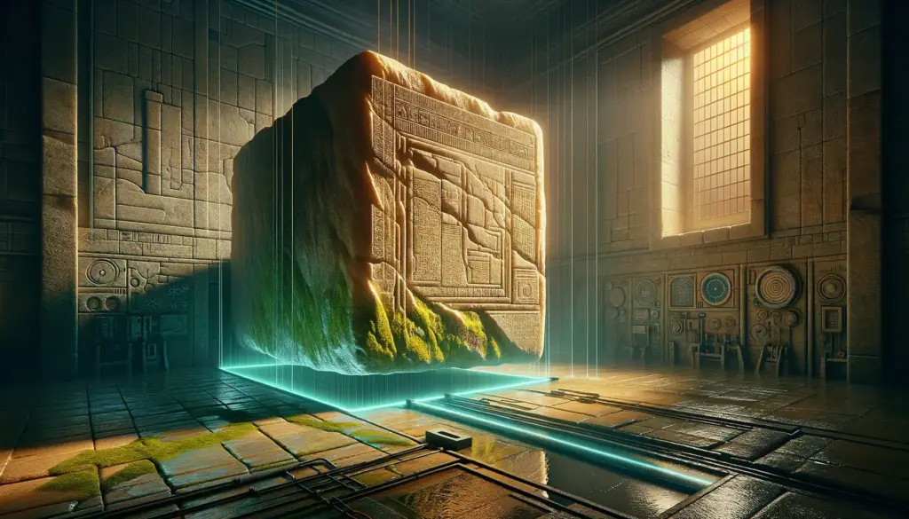 Bloque de piedra caliza suspendido en cámara de archivo, luz ámbar, musgo y línea cian de medición; palenque astronauta