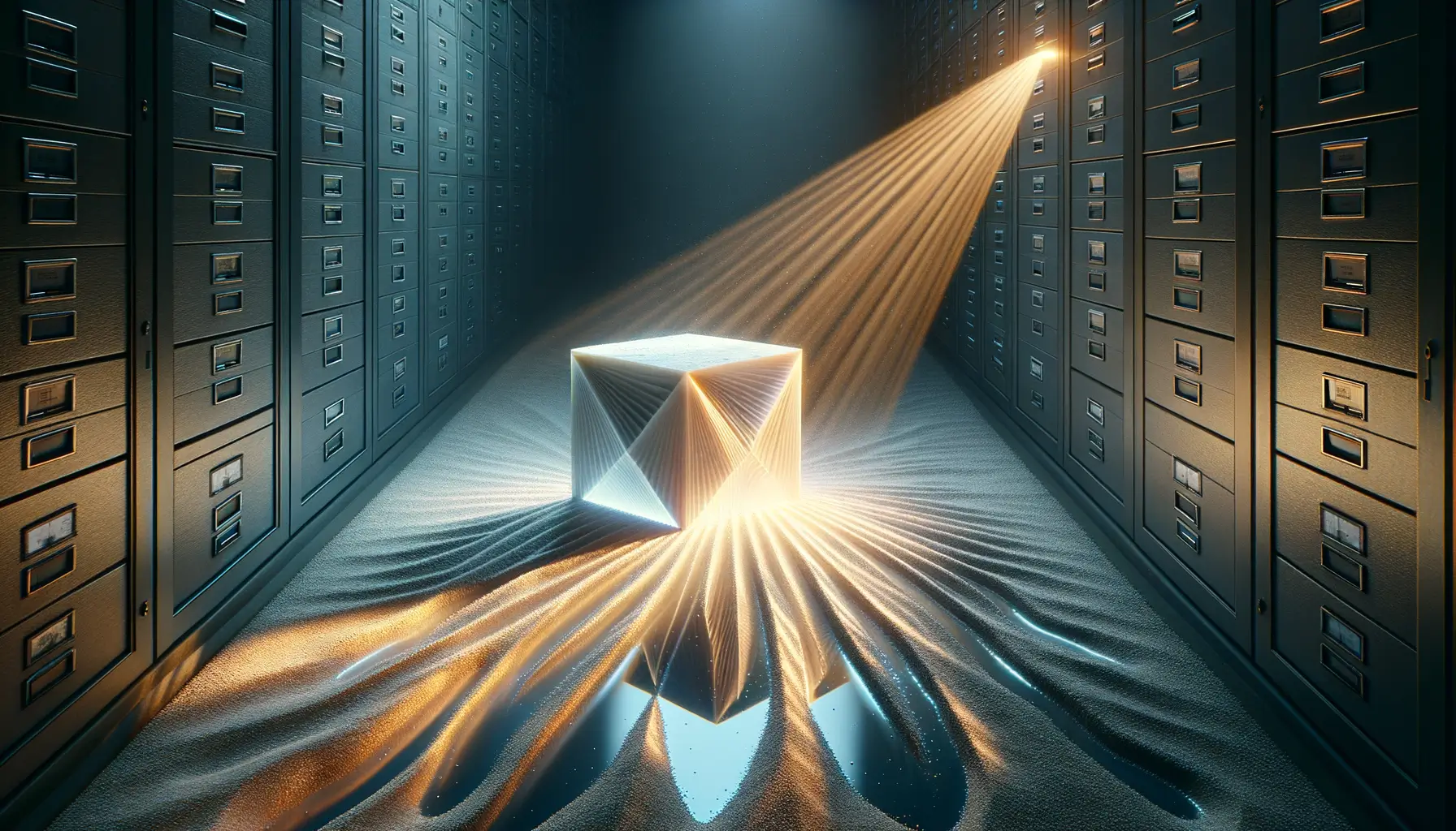 Piramides Giza: la ciencia desvela su construcción milenaria 1 Prisma de caliza iluminado por un haz en sala de archivos; arena con surcos y reflejos cian, piramides giza