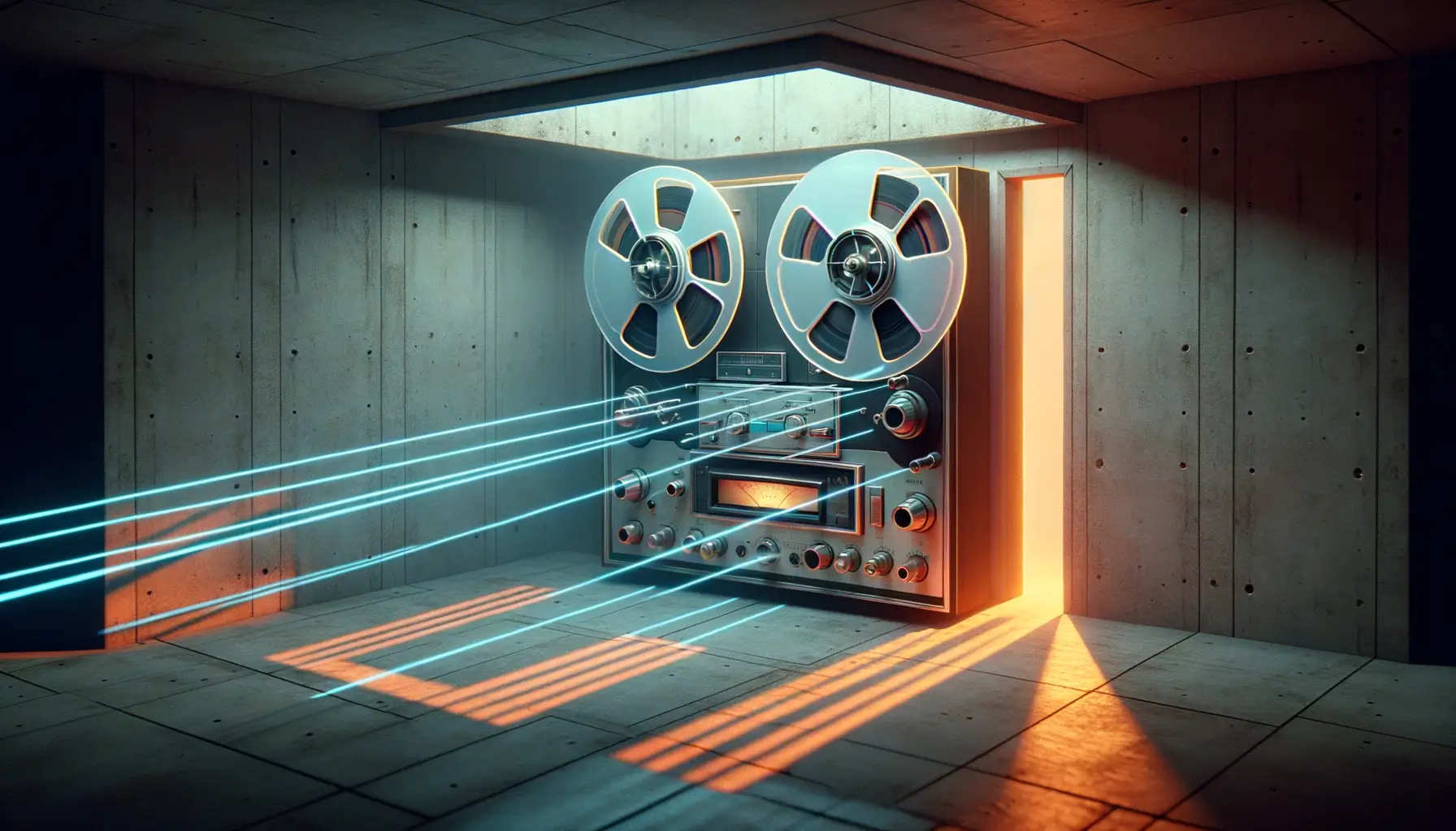 Sectas Peligrosas: un análisis documental de sus métodos de control mental y casos de estudio 1 Magnetófono de bobina en sala de hormigón sin ventanas, cinta en círculo y haces de luz cian y ámbar; sectas peligrosas