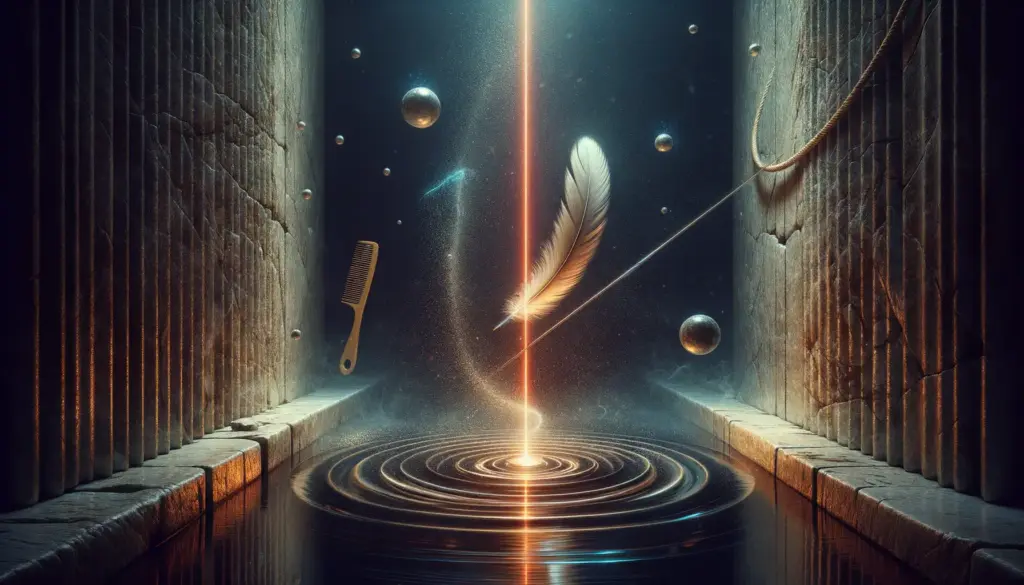 Pluma-escama suspendida con haz ámbar en galería de piedra; ondas en agua, cuerda, peine y espejo; sirenas mitologia