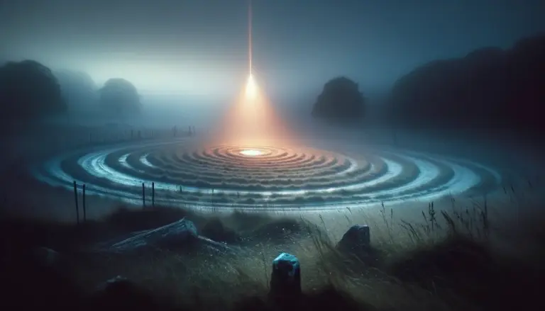 Anillo de tiza en llanura con niebla; un haz ámbar lo atraviesa en eje, con postes velados al fondo, aludiendo a stonehenge
