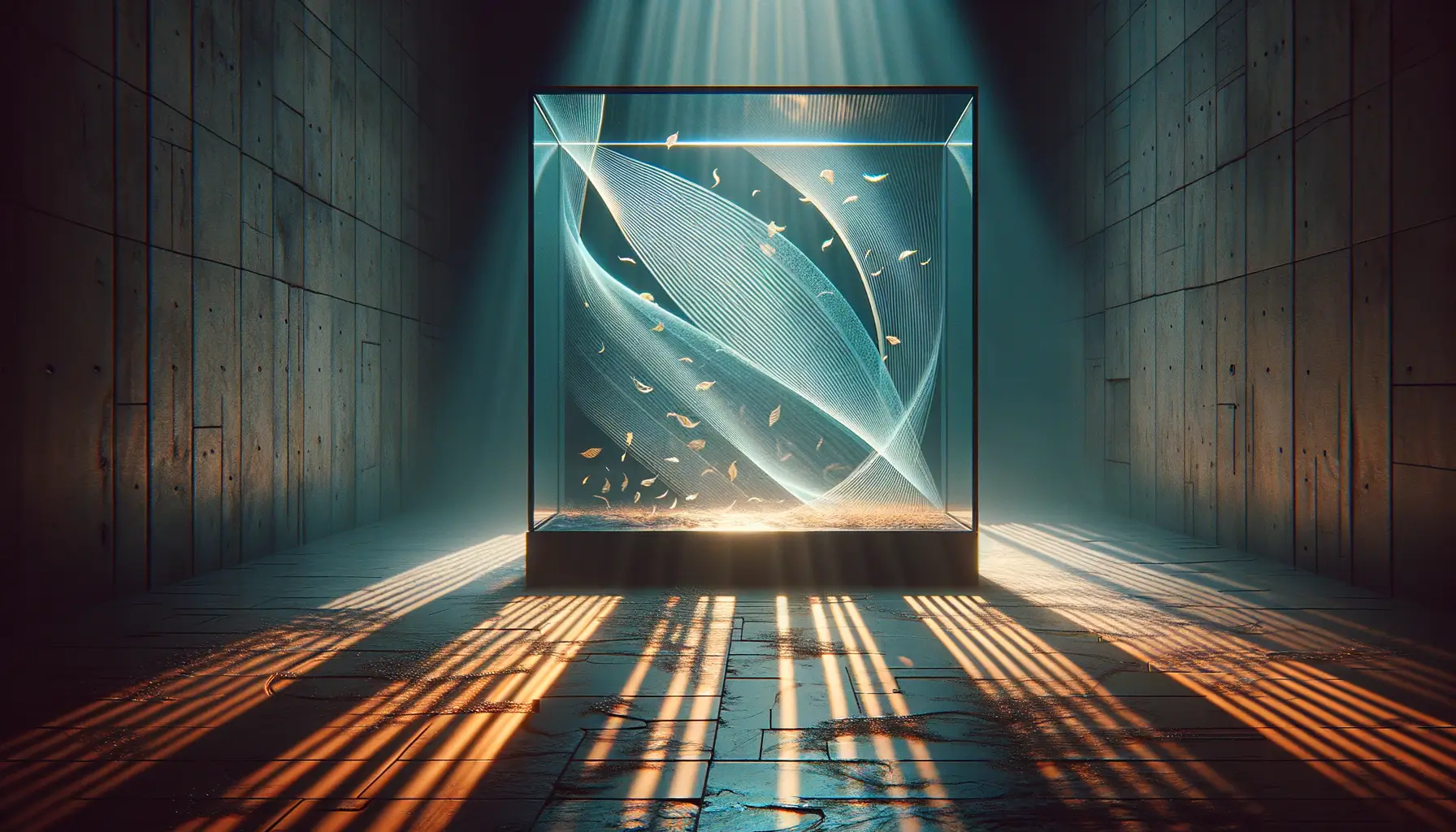 Sucesos inexplicables: cuando la historia desafía la lógica 1 Vitrina de cristal en sala oscura con haz cian desviado, polvo en patrones y reflejos ámbar, escena de sucesos inexplicables