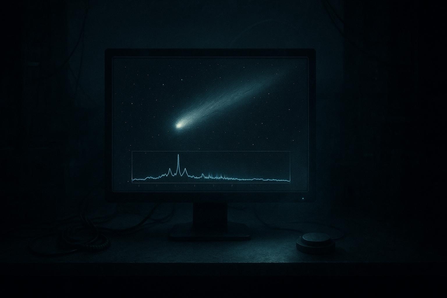 Club Curioso — Probamos lo improbable 11 Ilustración de laboratorio con haz cian atravesando esfera de vidrio con halo; instrumentos en bordes, referencia a 3I/ATLAS