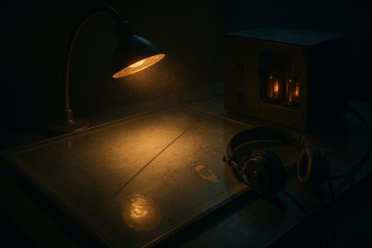 Cómo una línea de radio trazó el final de Amelia Earhart 3 Mesa de navegación con lámpara ámbar, auriculares y radiogoniómetro sobre carta marina; escena vinculada a Amelia Earhart