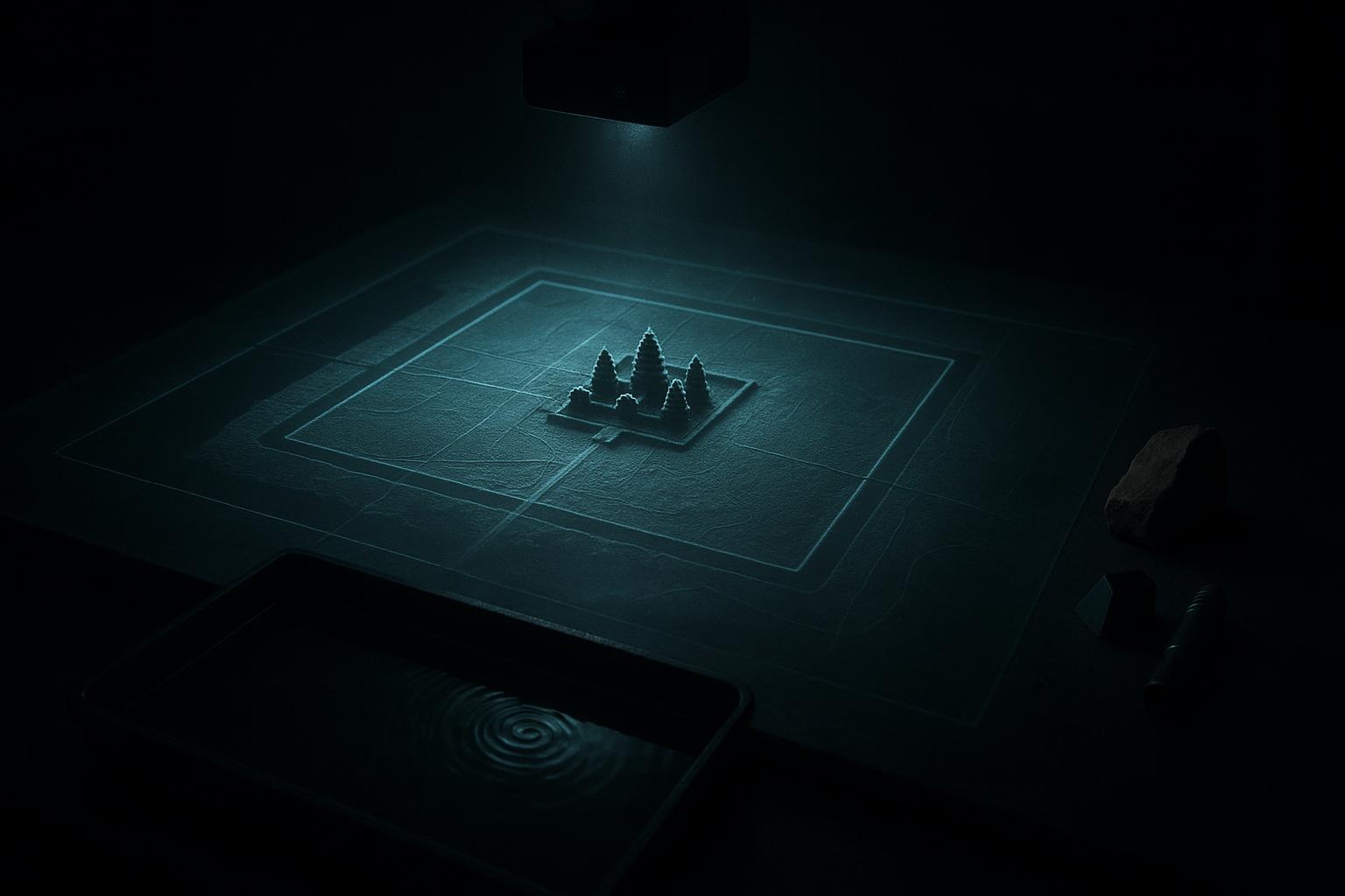 Club Curioso — Probamos lo improbable 13 Estancia de piedra con estanque cuadrado de canales escalonados, agua con musgo, nivel de latón y haz de luz en Angkor Wat