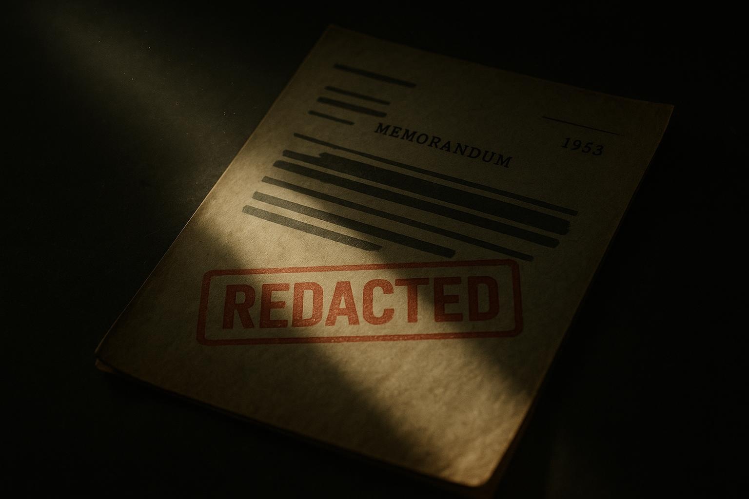 Archivos Desclasificados 1 Grabadora de bobina abierta bajo lámpara en mesa metálica, cinta rota y viales borrosos; escena de archivos desclasificados