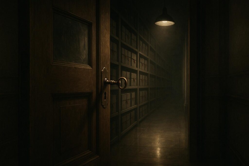 La apertura que iluminó los archivos secretos del Vaticano 5 Lámpara ámbar ilumina mesa de mármol; lupa sobre pergamino sellado, con archivos secretos vaticano en estanterías oscuras