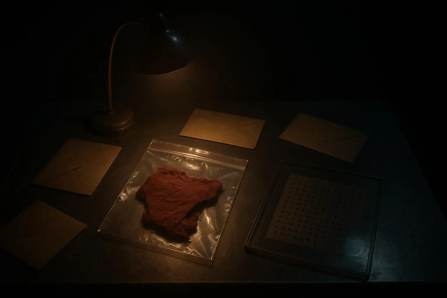 Club Curioso — Probamos lo improbable 9 El Asesino del Zodíaco en mesa: bolsa sellada con tela roja, lámpara ámbar, sobres y cuadrícula cifrada bajo vidrio