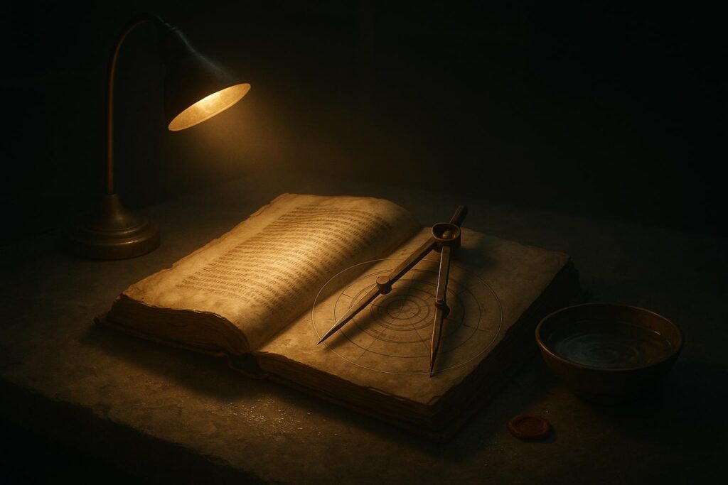 El archivo de Platón que fijó el mito de la Atlántida 2 Escena de archivo sobre atlantida: lámpara ilumina cuenco metálico con agua oscura y ondas; compás y calibrador a los lados