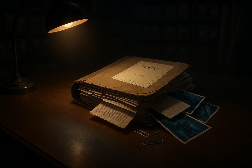La Atlántida de Platón: hasta dónde llega la evidencia real 2 Carpeta gruesa etiquetada PLATO sobre mesa de madera oscura con papeles y fotos, iluminada por lámpara, relacionada con la atlántida