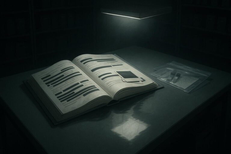 Un archivo abierto sobre mesa gris iluminado desde arriba, con bloques negros y bolsa con viales, relacionado con Aum Shinrikyo