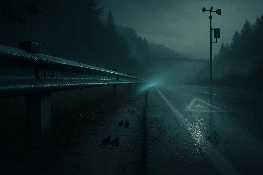 Carreteras peligrosas: dónde termina el archivo y empieza el mito 5 Carreteras peligrosas en una curva nocturna con foco de obra, trípode topográfico y asfalto mojado entre niebla