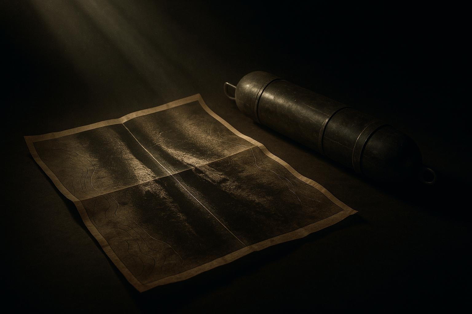 Ciudades Sumergidas 1 Ciudades sumergidas: foco ilumina un cesto de mimbre semienterrado, con bloques, muelle y silueta de barco