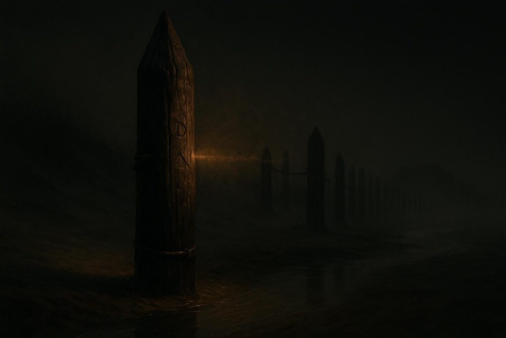 La pista tallada que define el fin de la colonia de Roanoke 8 Colonia roanoke: poste tallado iluminado por un haz; marcos de chozas vacías y troncos apilados entre niebla