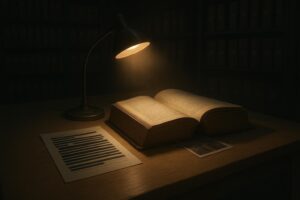 Un libro grueso abierto bajo una lámpara de mesa que ilumina desde arriba, junto a una hoja impresa sobre una mesa de madera