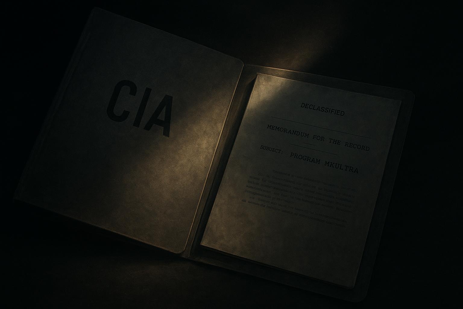 Club Curioso — Probamos lo improbable 19 Microficha de conspiraciones documentadas iluminada por haz cian, con barras de censura y sello borroso bajo vidrio