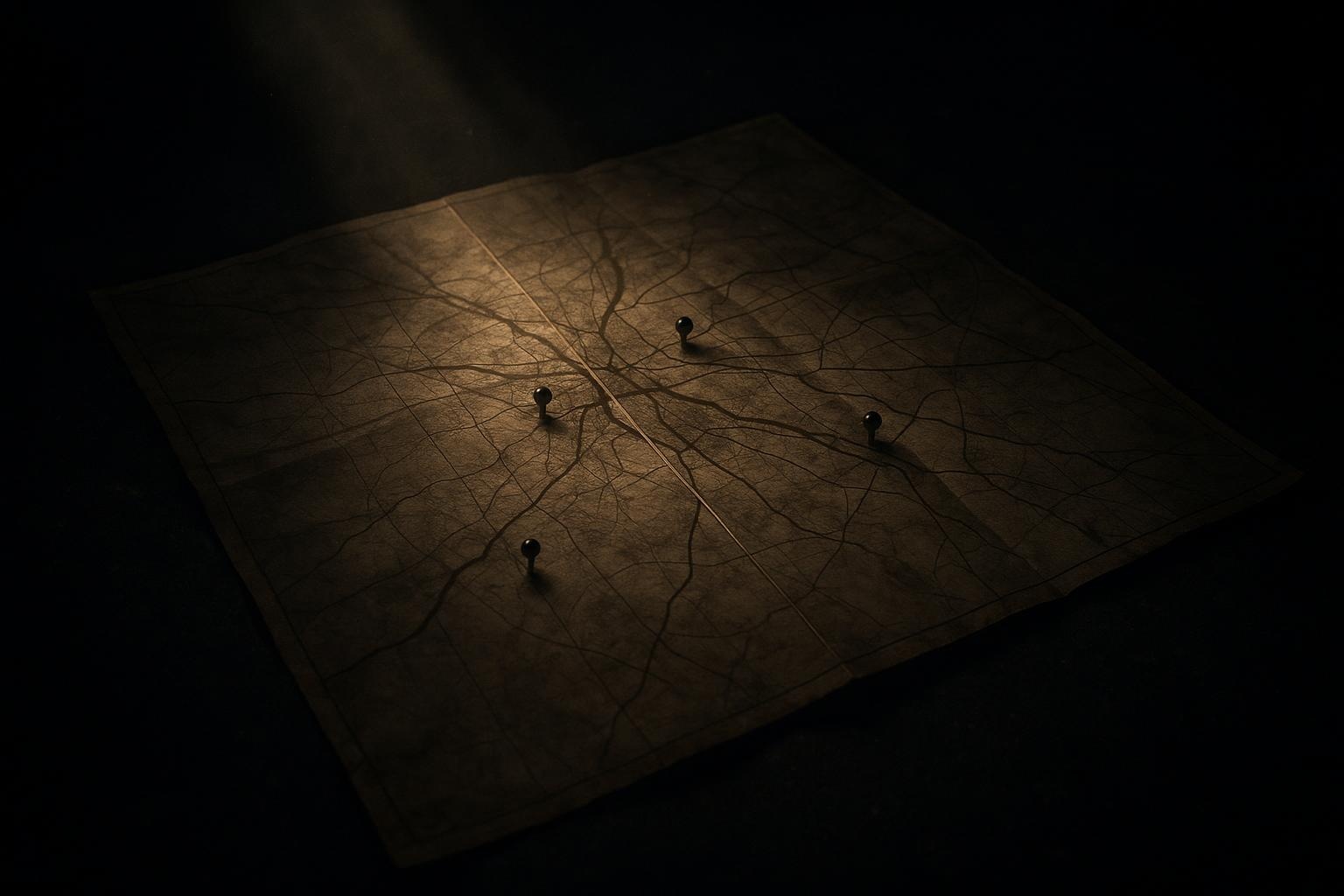 Crímenes Famosos 1 Crímenes famosos en un escritorio metálico: teléfono de disco verde sobre mapa bajo acetato iluminado por lámpara ámbar