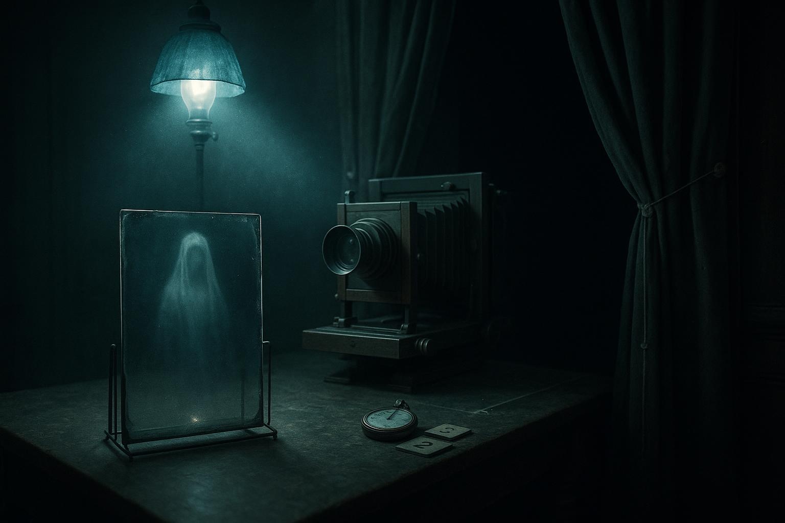 Club Curioso — Probamos lo improbable 14 Antigua cámara en trípode frente a gabinete con cortina negra, lámpara de aceite y polvo de magnesio; crookes espiritismo