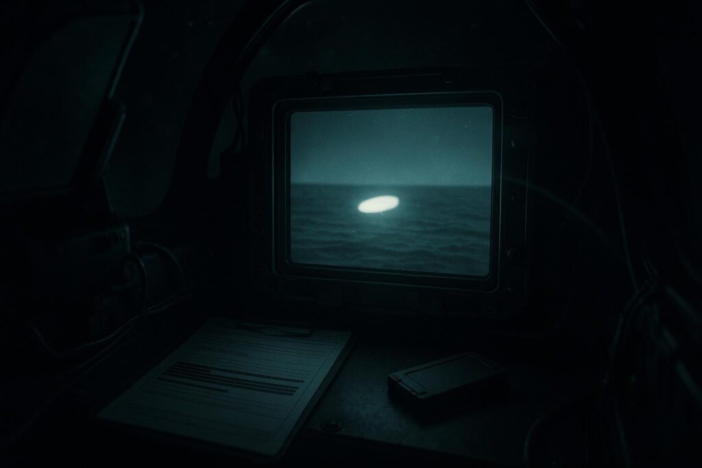 Los expedientes OVNI militares: de videos a protocolo 7 Sensor con gimbal bajo lámpara fría sobre carro metálico, cables y cuadrícula en sala de expedientes ovni militares